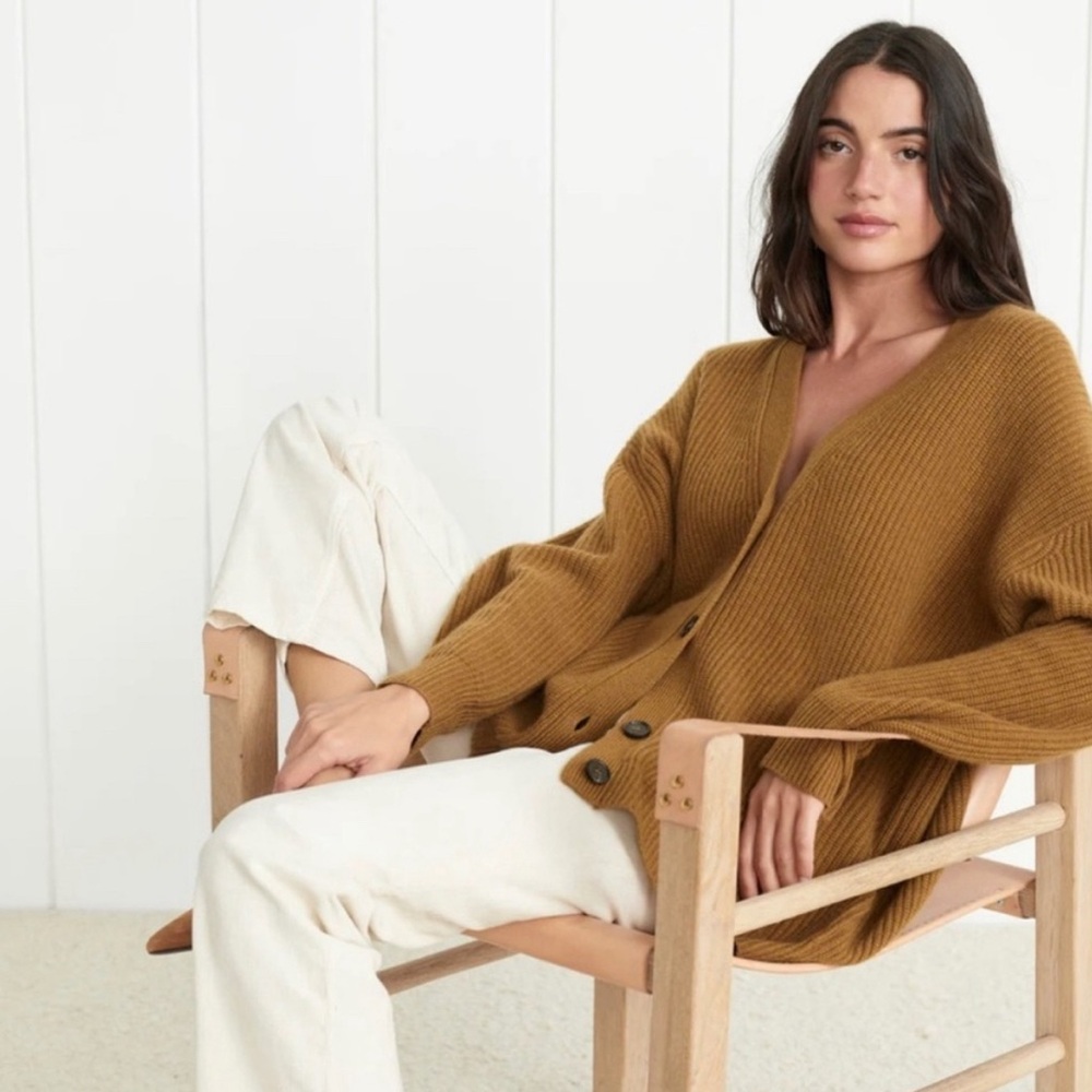 Jenni Kayne Cashmere V Neck Tan Cardigan Sweater relaxed fit over size sweater